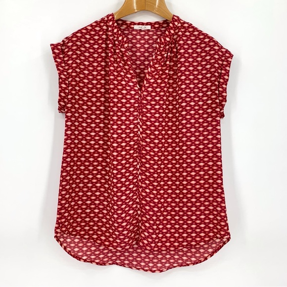 Pleione Burgundy and White Patterned Cap Sleeve Lightweight Blouse, Small - Picture 12 of 16